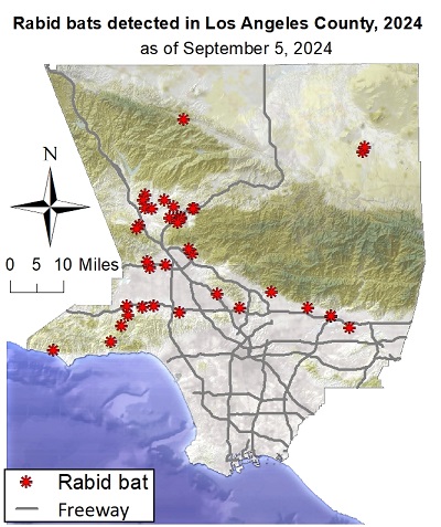 map showing locations of rabid bats reported in Los Angeles County from January 1 to July 23, 2024